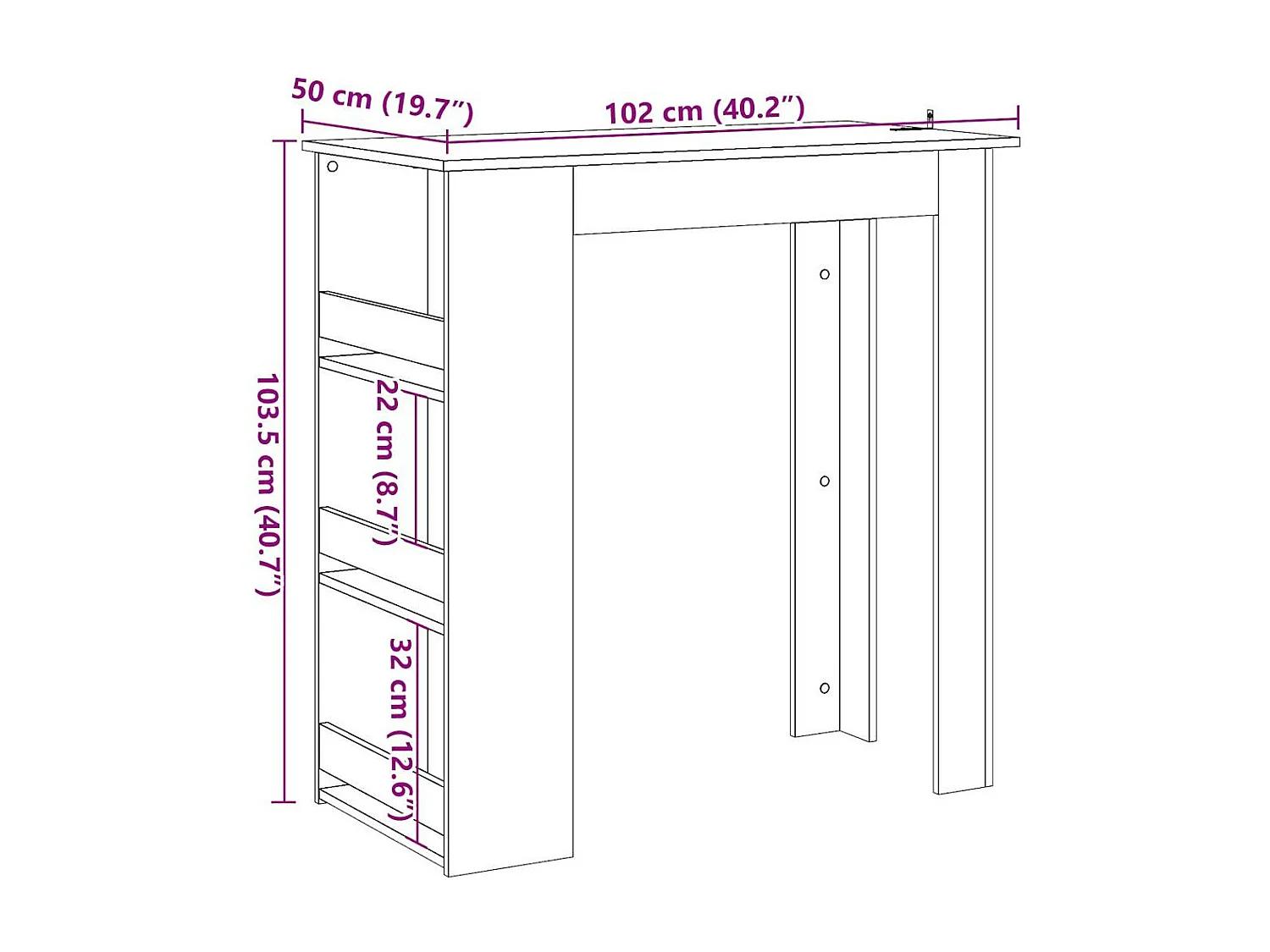 Table de bar et étagère de rangement vieux bois 102x50x103,5 cm