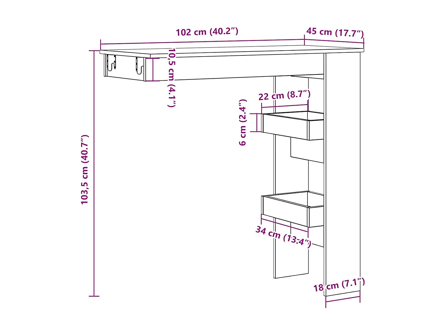Mesa de bar de parede madeira antiga 102x45x103,5 cm