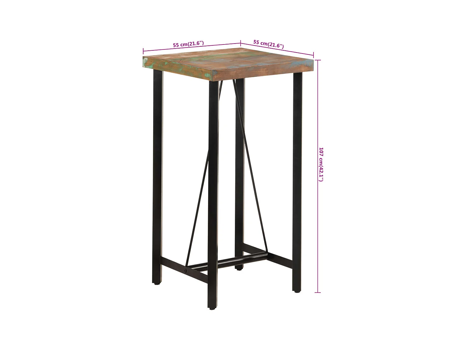 Mesa de bar 55x55x107 cm madeira recuperada maciça e ferro
