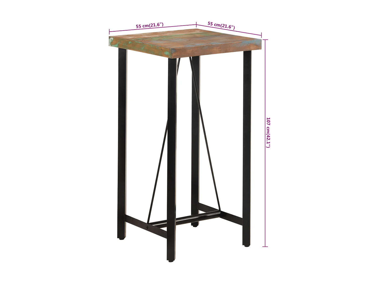 Mesa alta de hierro y madera maciza reciclada 55x55x107 cm