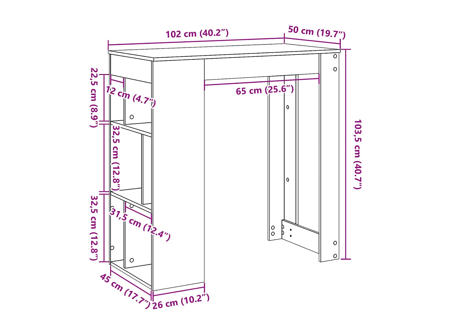 Mesa alta bar con estantes roble ahumado 102x50x103,5 cm