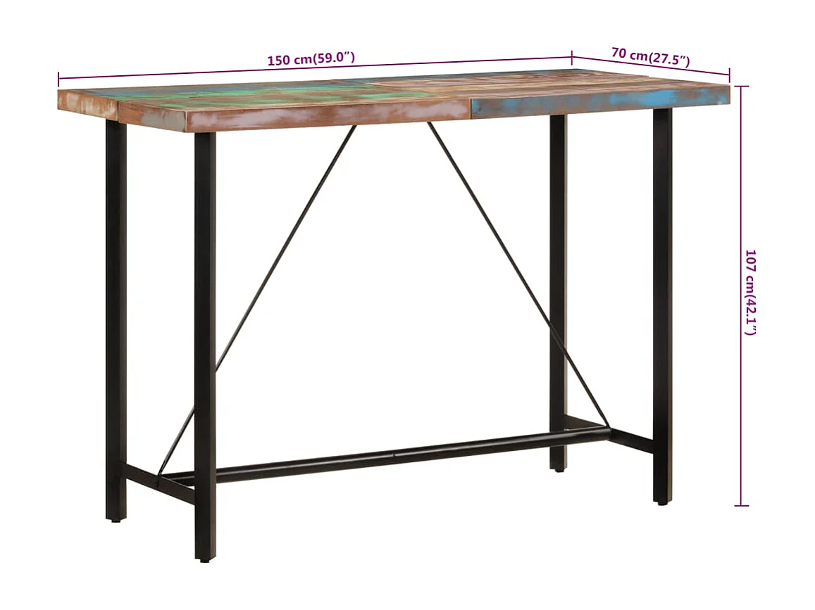 Mesa alta de hierro y madera maciza reciclada 150x70x107 cm