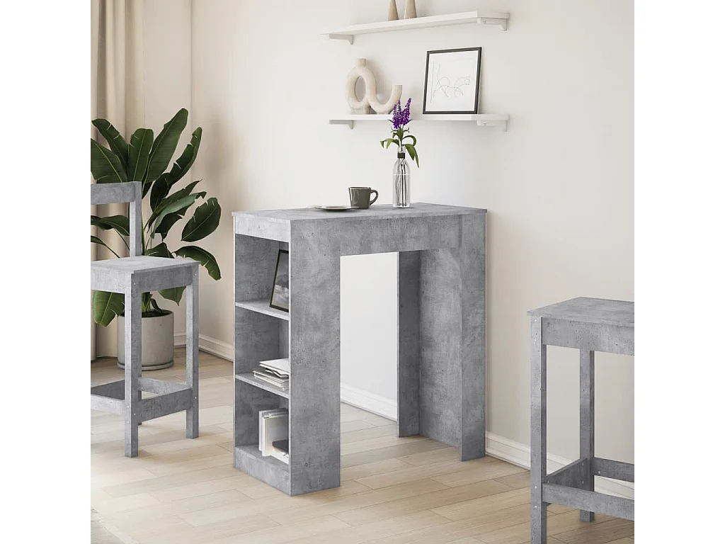 Mesa de bar com prateleiras derivados de madeira cinza cimento