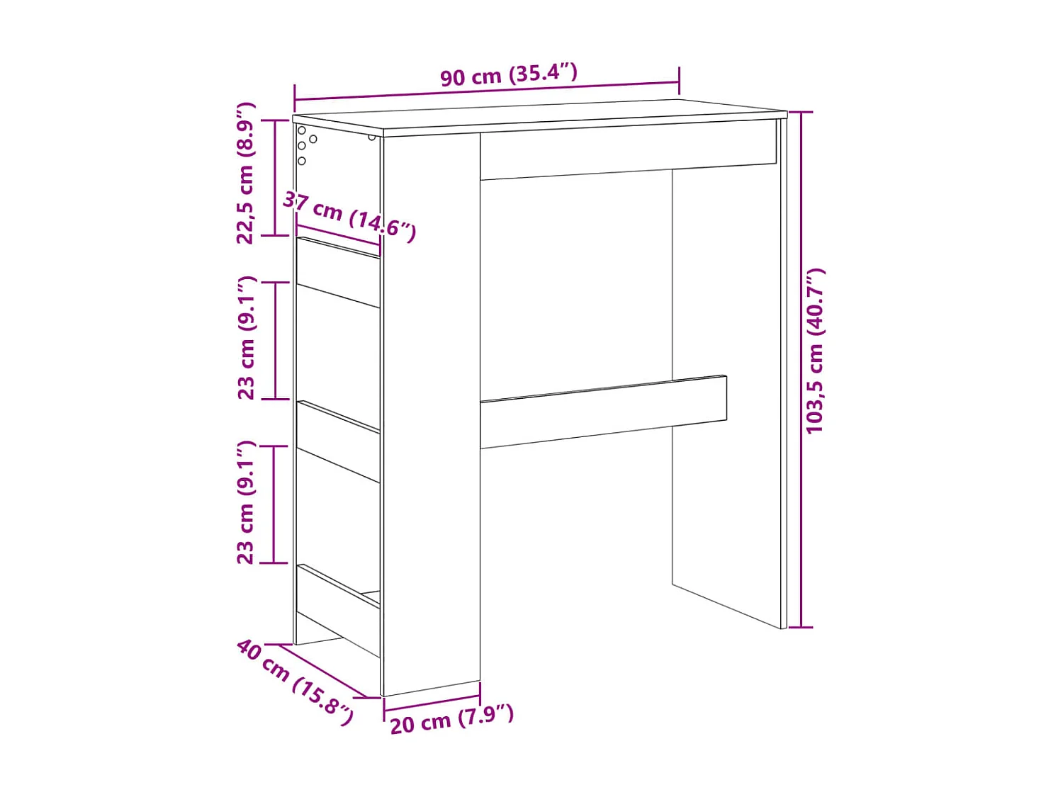 Bartafel met rekken 90x40x103,5 cm bewerkt hout grijs sonoma