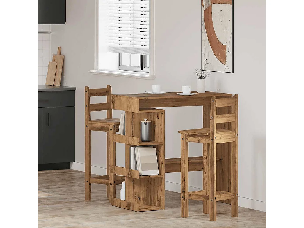 Table de bar avec étagère de rangement chêne artisanal