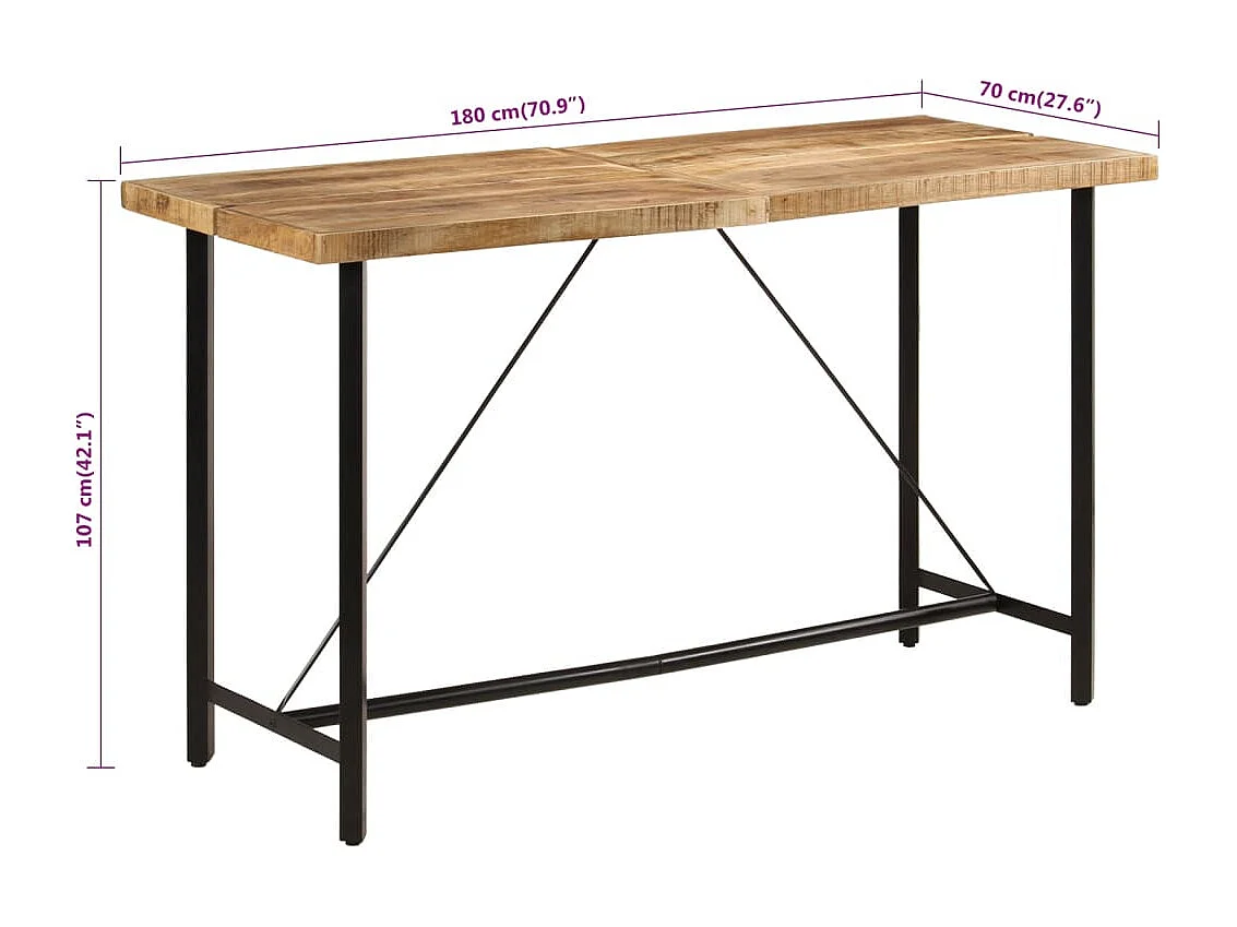 Table de bar 180x70x107 cm bois massif de manguier et fer