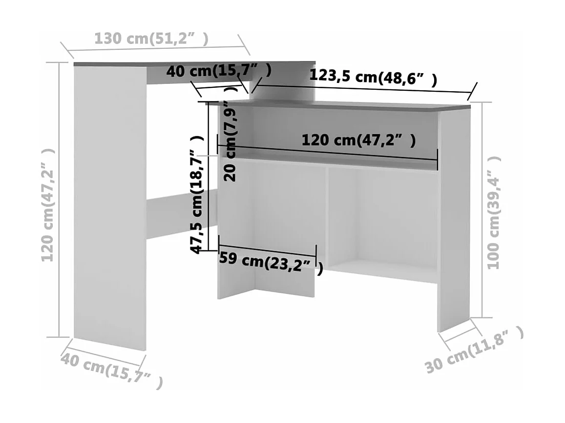 Mesa de bar com 2 tampos 130x40x120 cm branco e cinzento