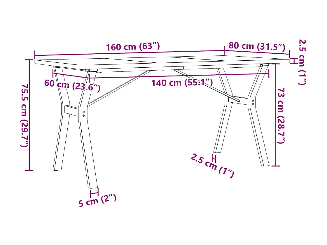Table à manger cadre en Y 160x80x75,5 cm bois pin massif fonte