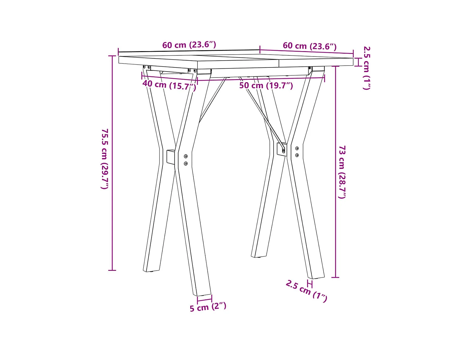 Table à manger cadre en Y 60x60x75,5cm bois de pin massif fonte
