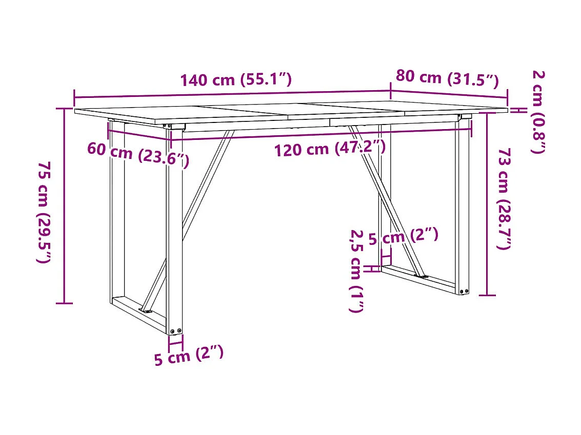 Table à manger cadre en O 140x80x75 cm bois de pin massif fonte
