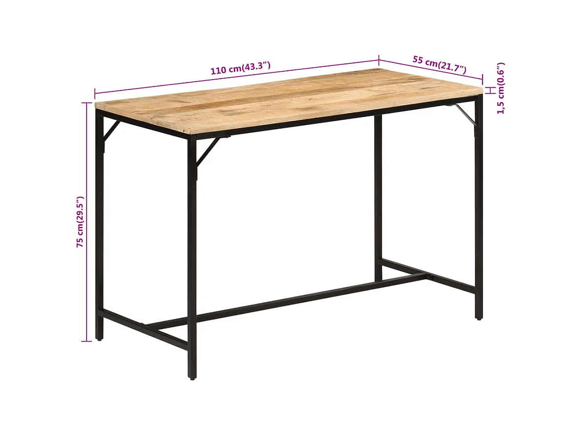 Table à manger 110x55x75 cm bois de manguier massif brut et fer
