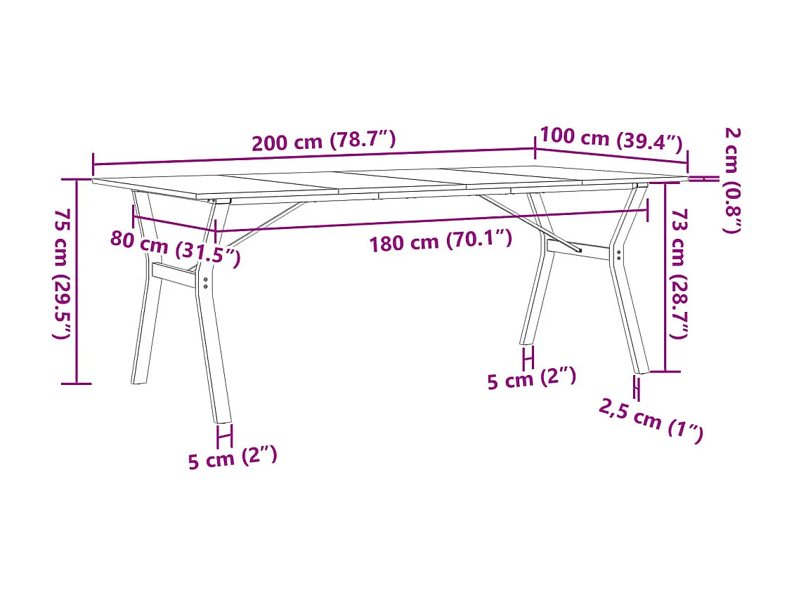 Mesa comedor marco Y madera maciza pino y hierro 200x100x75 cm