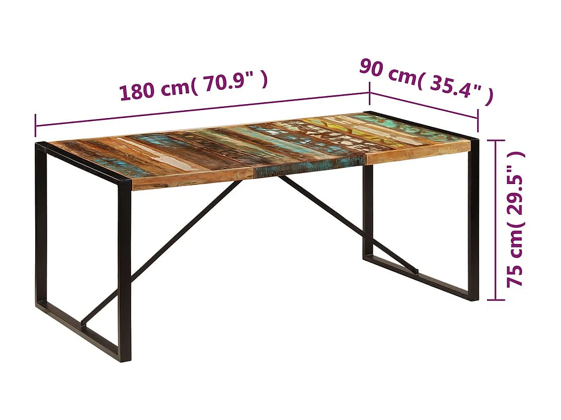 Mesa de jantar 180x90x75 cm madeira recuperada maciça