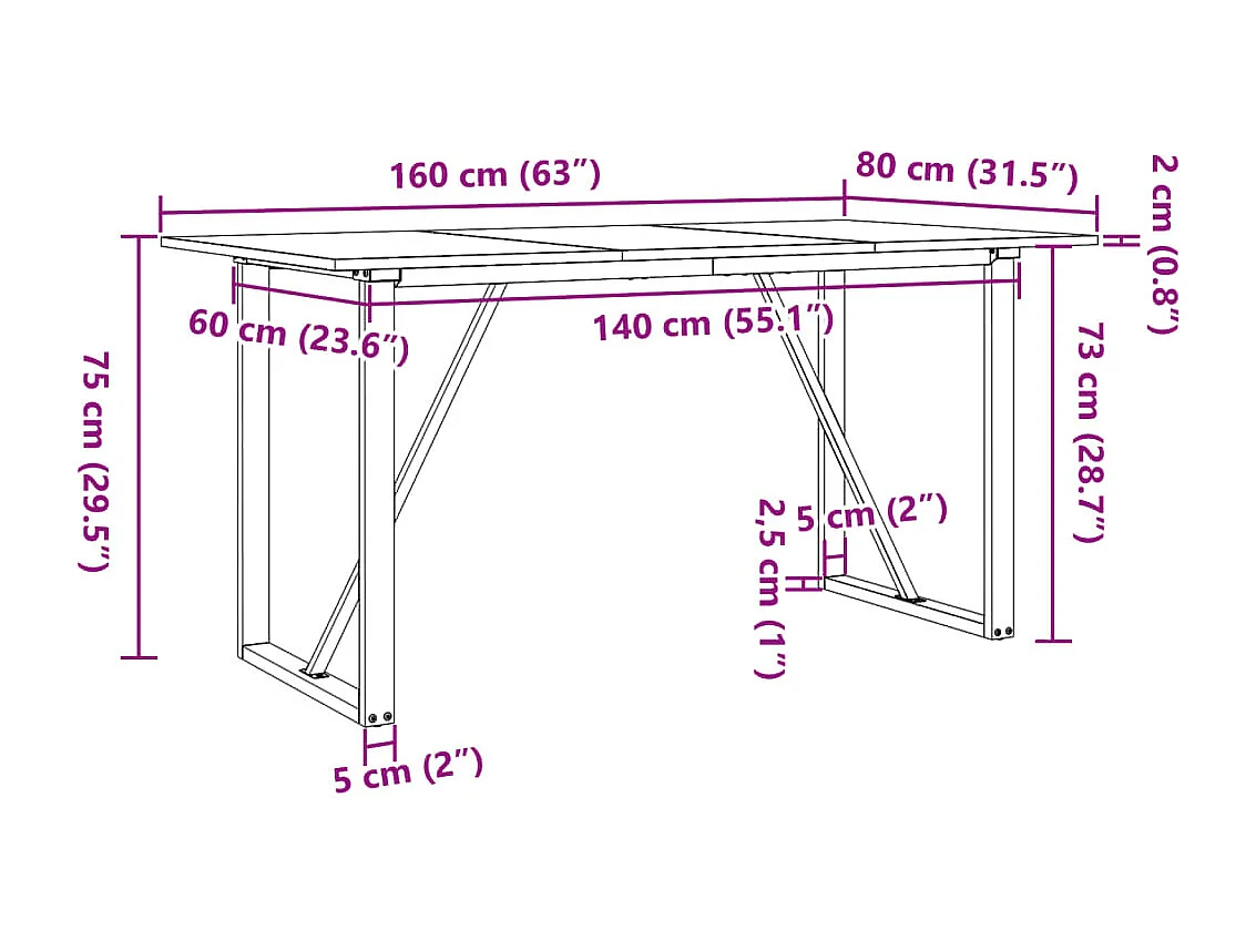 Table à manger cadre en O 160x80x75 cm bois de pin massif fonte
