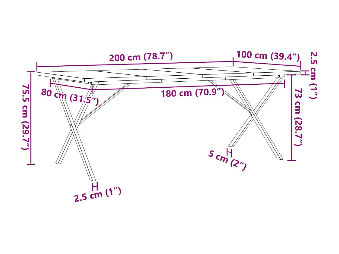 Table à manger cadre en X 200x100x75,5 cm bois pin massif fonte