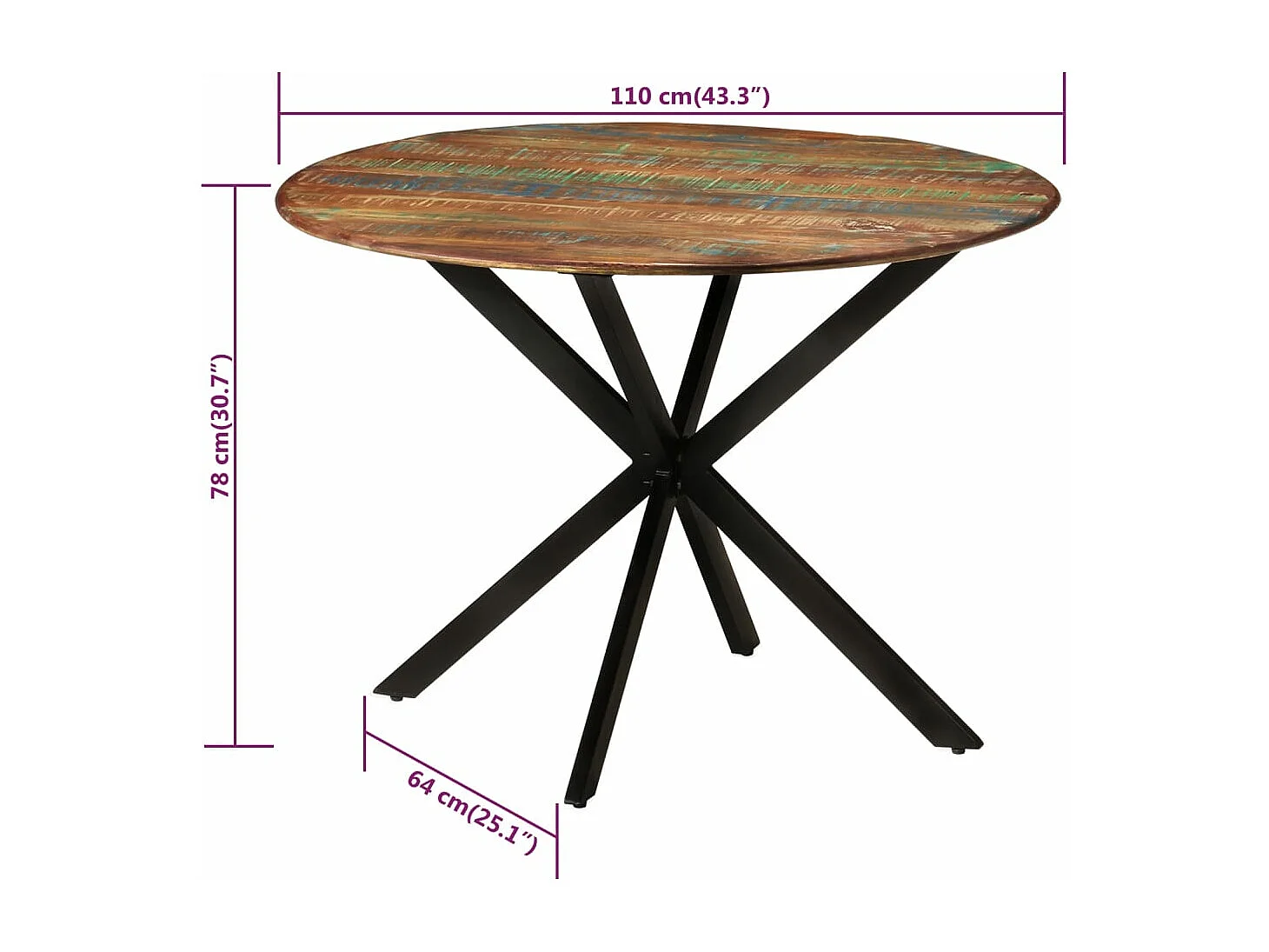 Table à manger Ø110x78 cm Bois de récupération massif et acier