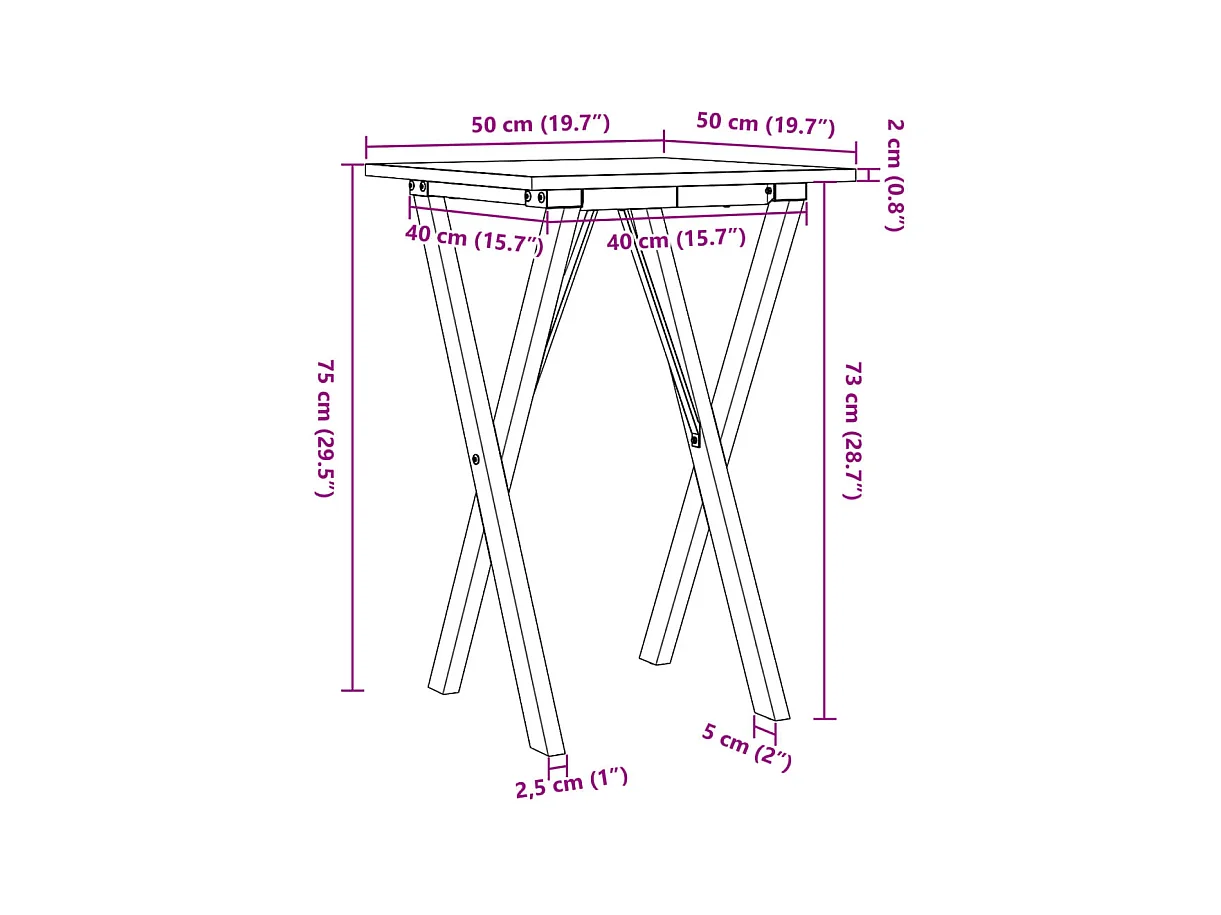 Mesa de jantar estrutura em X 50x50x75 cm pinho e ferro fundido