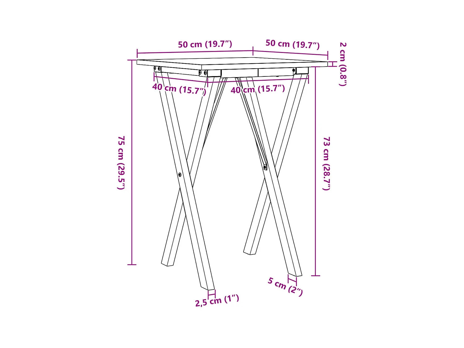 Mesa de jantar estrutura em X 50x50x75 cm pinho e ferro fundido