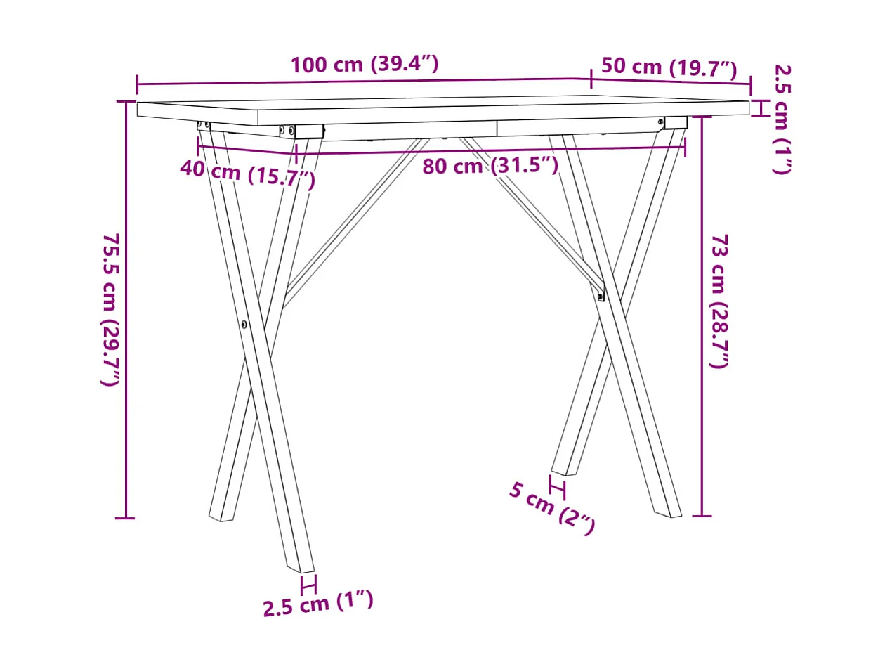Mesa comedor marco X madera maciza pino y hierro 100x50x75,5 cm