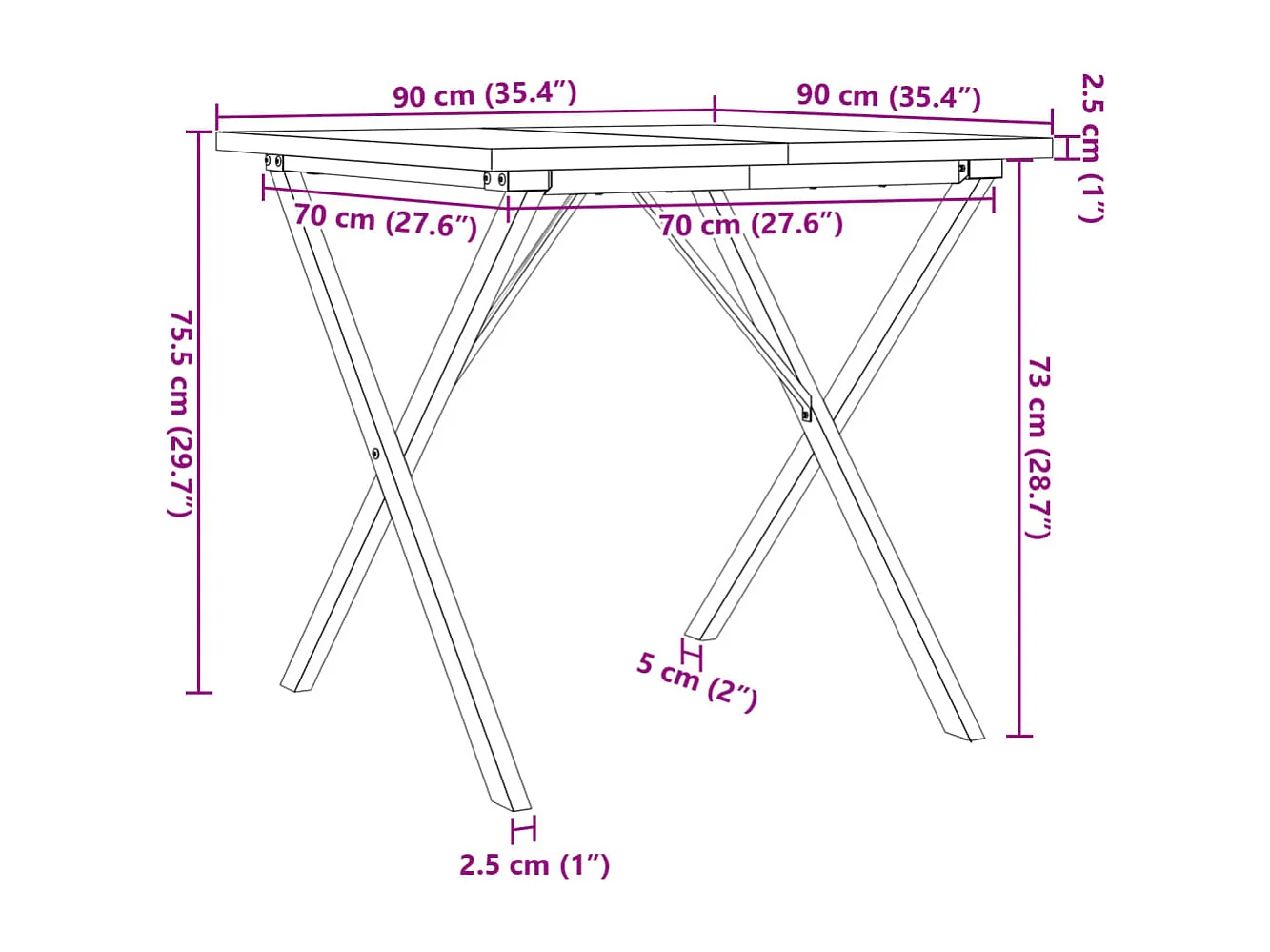 Eettafel X-frame 90x90x75,5 cm massief grenenhout en staal