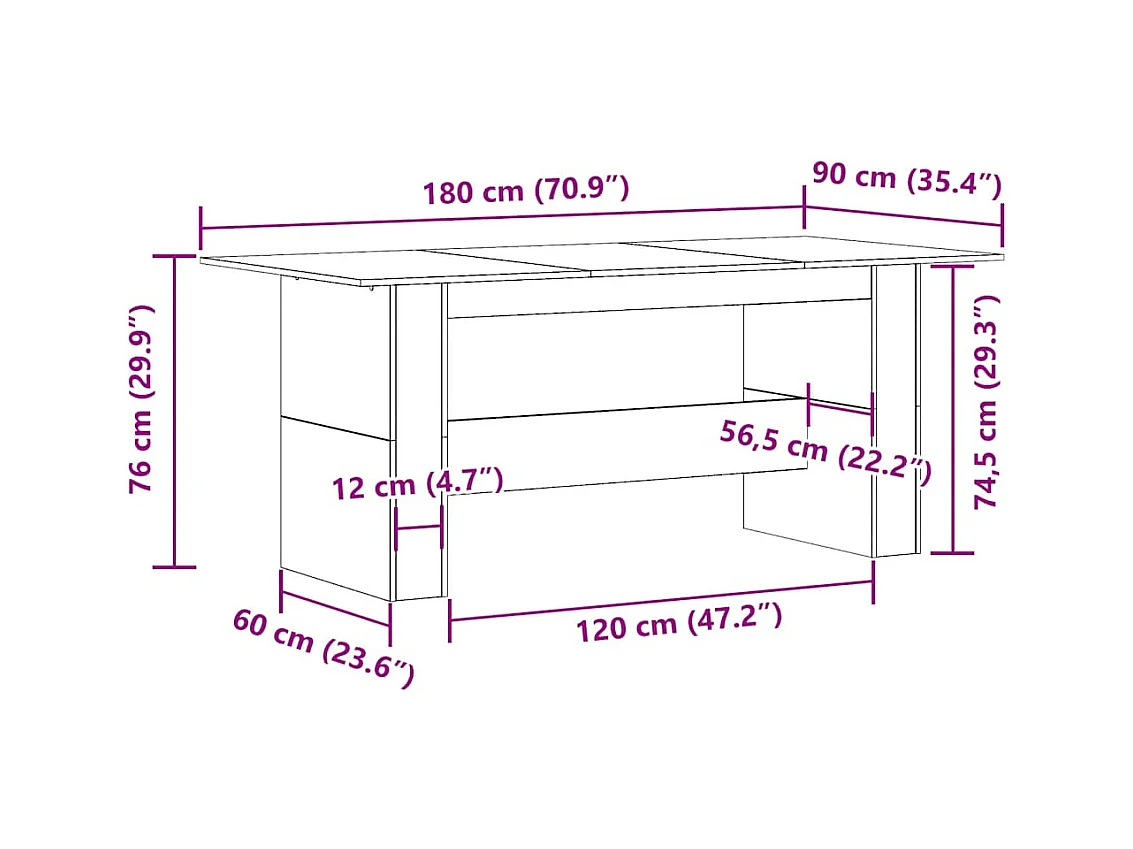 Table à manger chêne artisanal 180x90x76 cm bois d'ingénierie