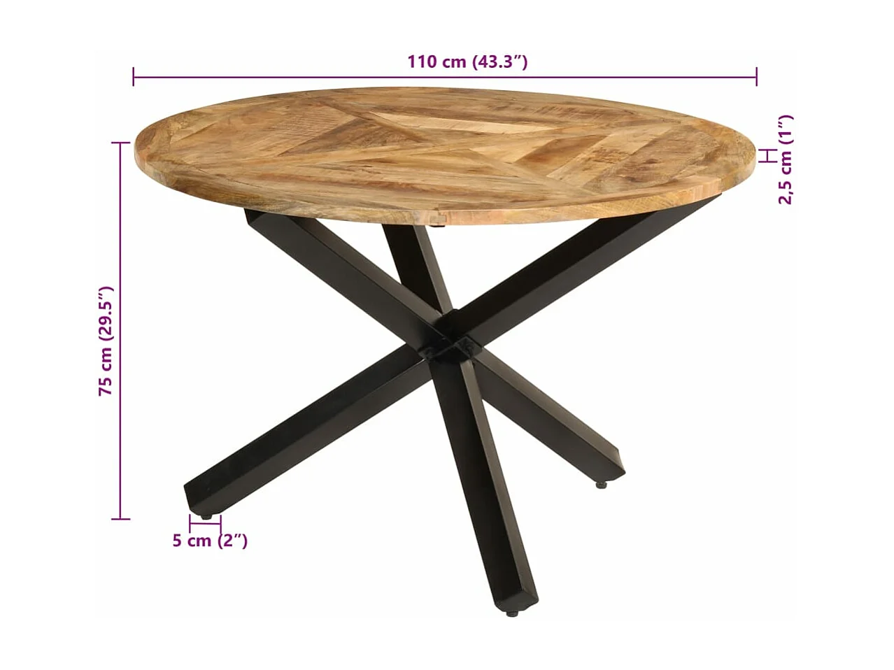Mesa de jantar Ø110x75 cm madeira de mangueira maciça áspera