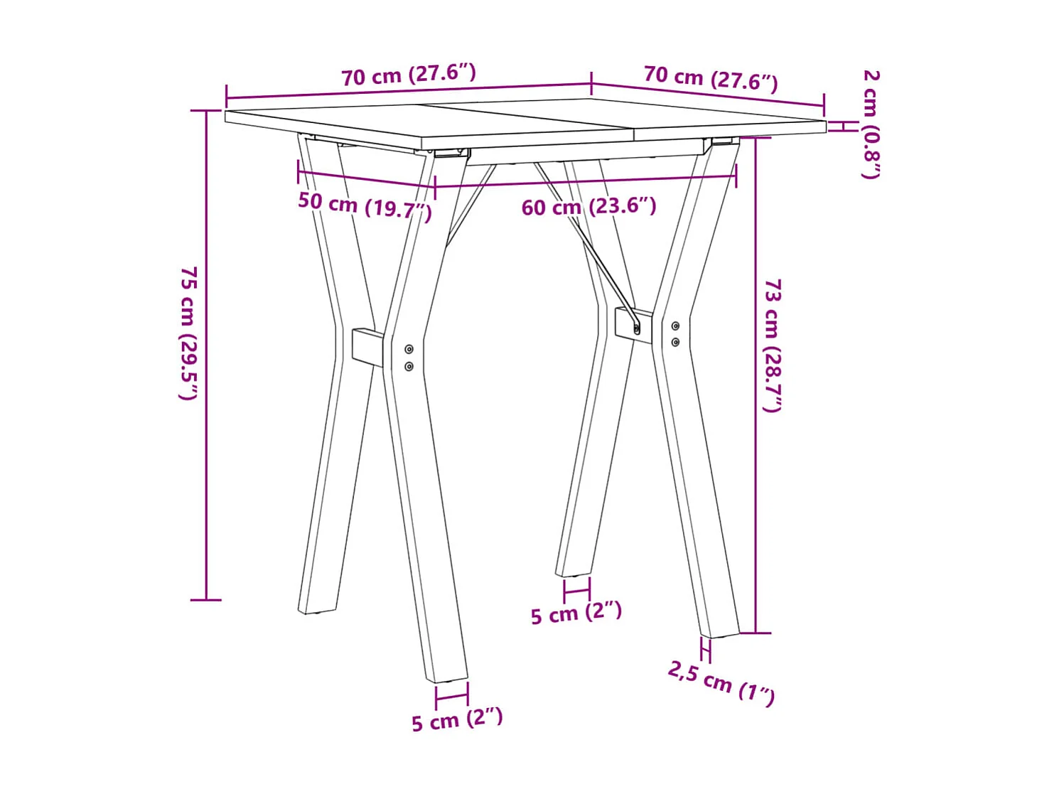 Mesa de comedor marco Y madera maciza pino y hierro 70x70x75 cm