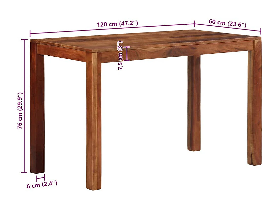Mesa de jantar 120x60x76 cm madeira maciça de acácia