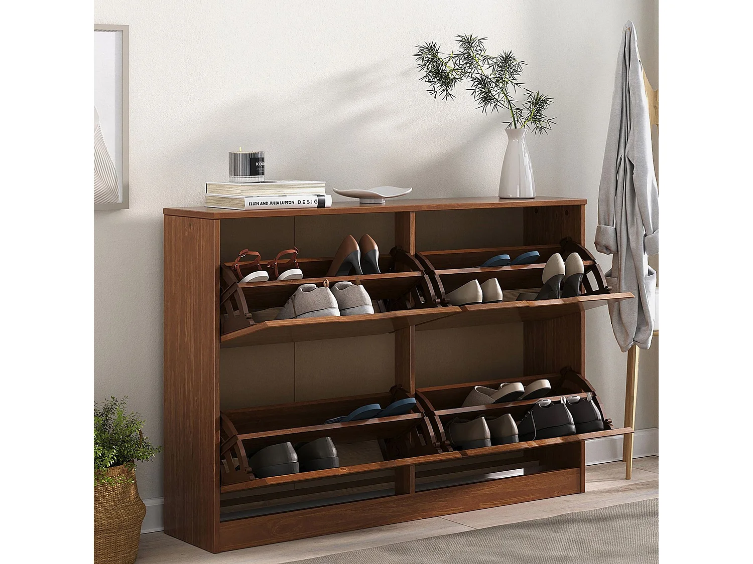 Meubles à chaussures BASIL Armoire avec 4 abattants, en Pin massif, Coloris châtaignier