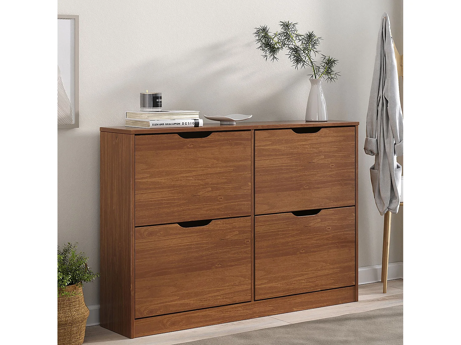 Meubles à chaussures BASIL Armoire avec 4 abattants, en Pin massif, Coloris châtaignier