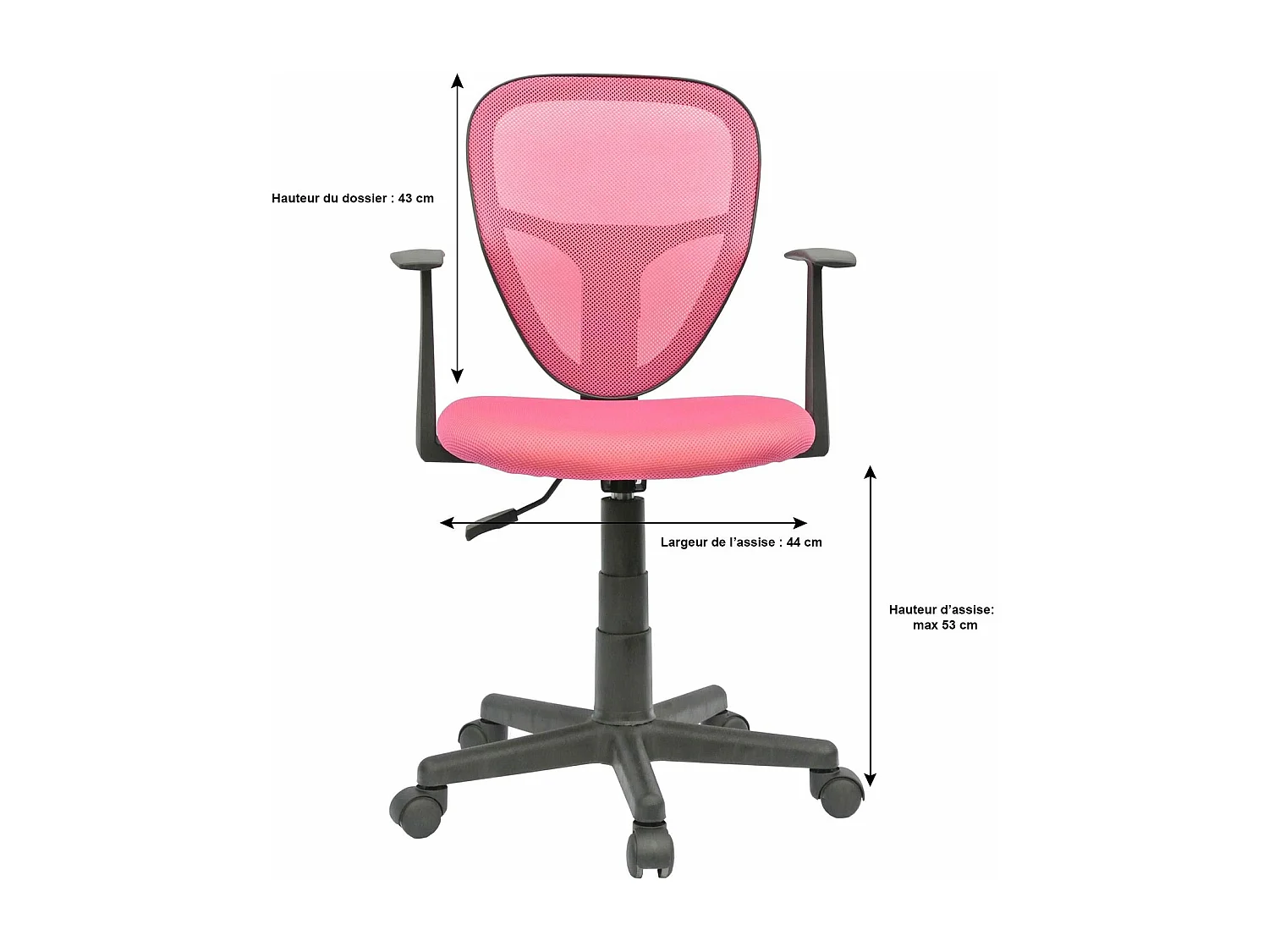 Chaise de bureau pour enfant STUDIO fauteuil pivotant et ergonomique avec accoudoirs, siège à roulettes hauteur réglable, mesh rose