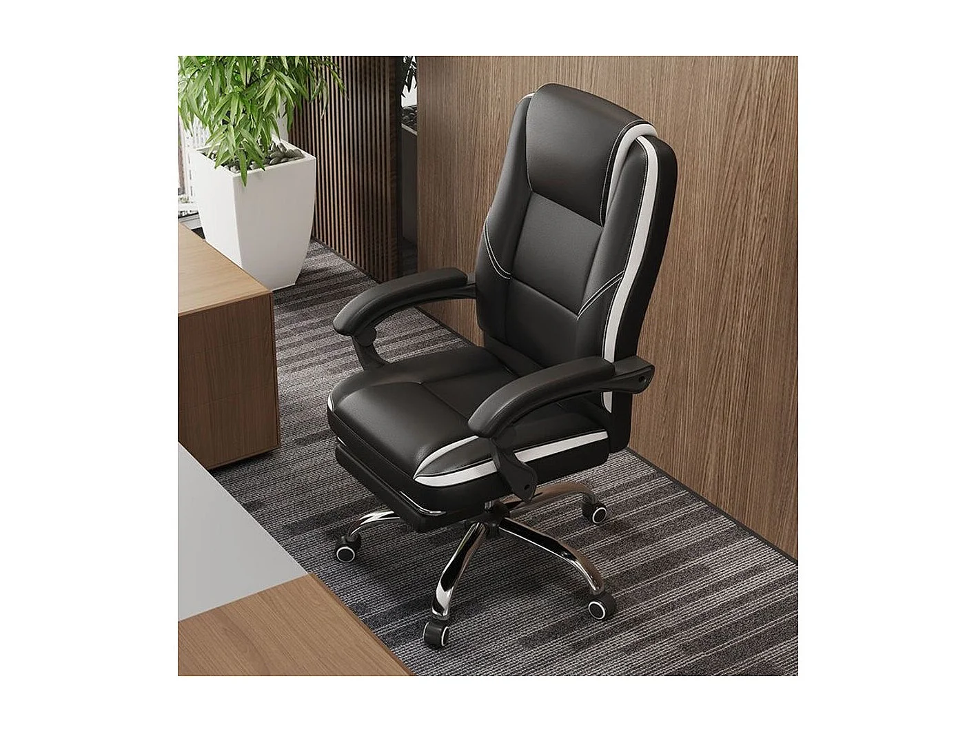 Fauteuil de bureau en simili avec repose pieds "Maissa" - Blanc/Noir