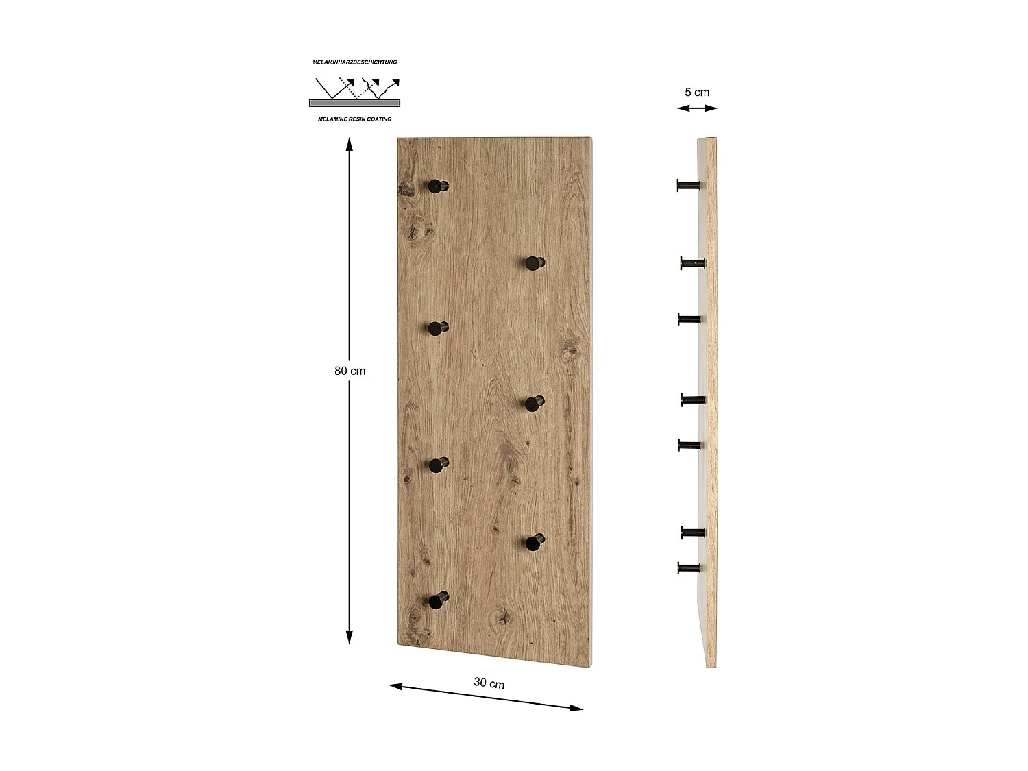 Garderobe murale, Patère murale en bois coloris chêne et métal noir  -longueur 80 x profondeur 5 x hauteur 30 cm