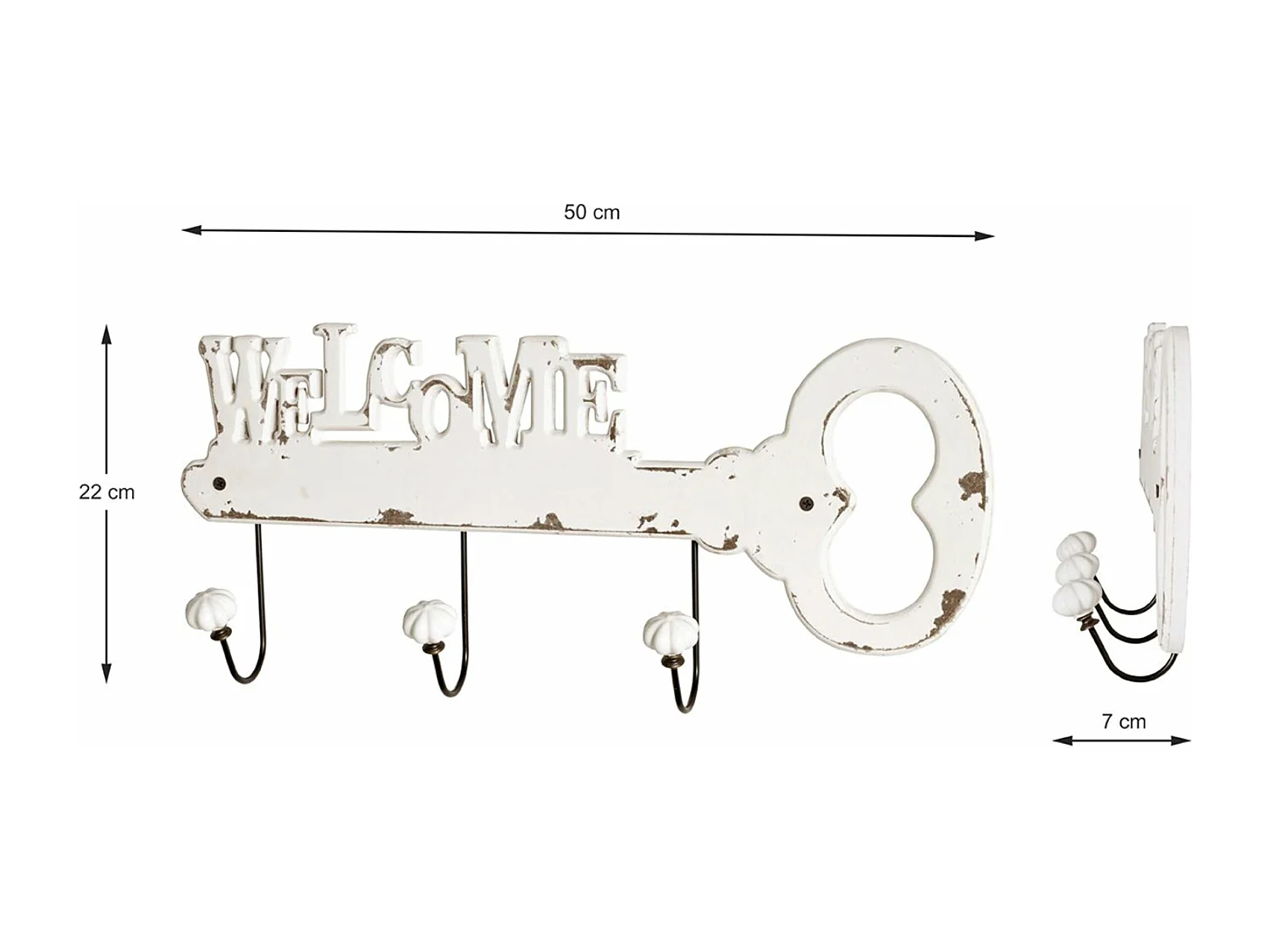 Garde-robe murale, Patère murale en bois coloris blanc et métal noir  -longueur 50 x profondeur 7 x hauteur 22 cm