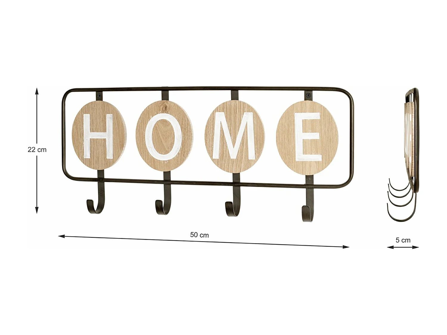 Garde-robe murale, Patère murale en bois coloris chêne et métal noir  - longueur 50 x profondeur 5 x hauteur 22 cm
