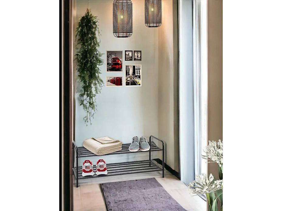 Etagère à chaussures, meuble à chaussures en métal coloris noir  -longueur 83 x profondeur 35 x hauteur 37 cm