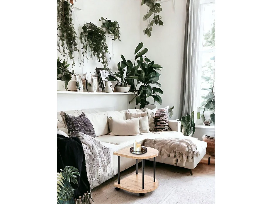 Chariot de service, desserte en bois chêne, métal noir -longueur 40 x profondeur 40 x hauteur 45 cm