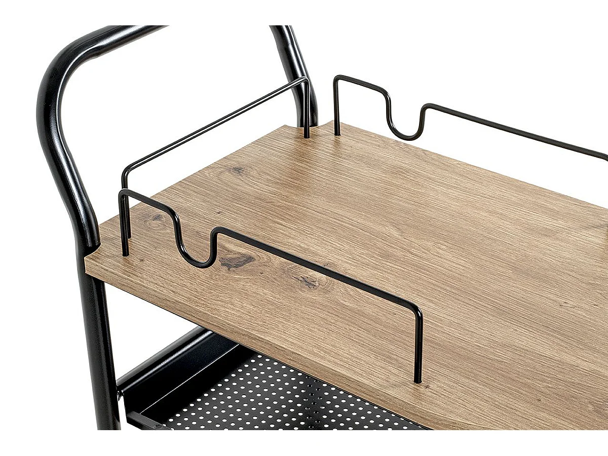 Chariot de cuisine, desserte en métal coloris noir et bois coloris chêne  -longueur 65 x profondeur 35 x hauteur 83 cm