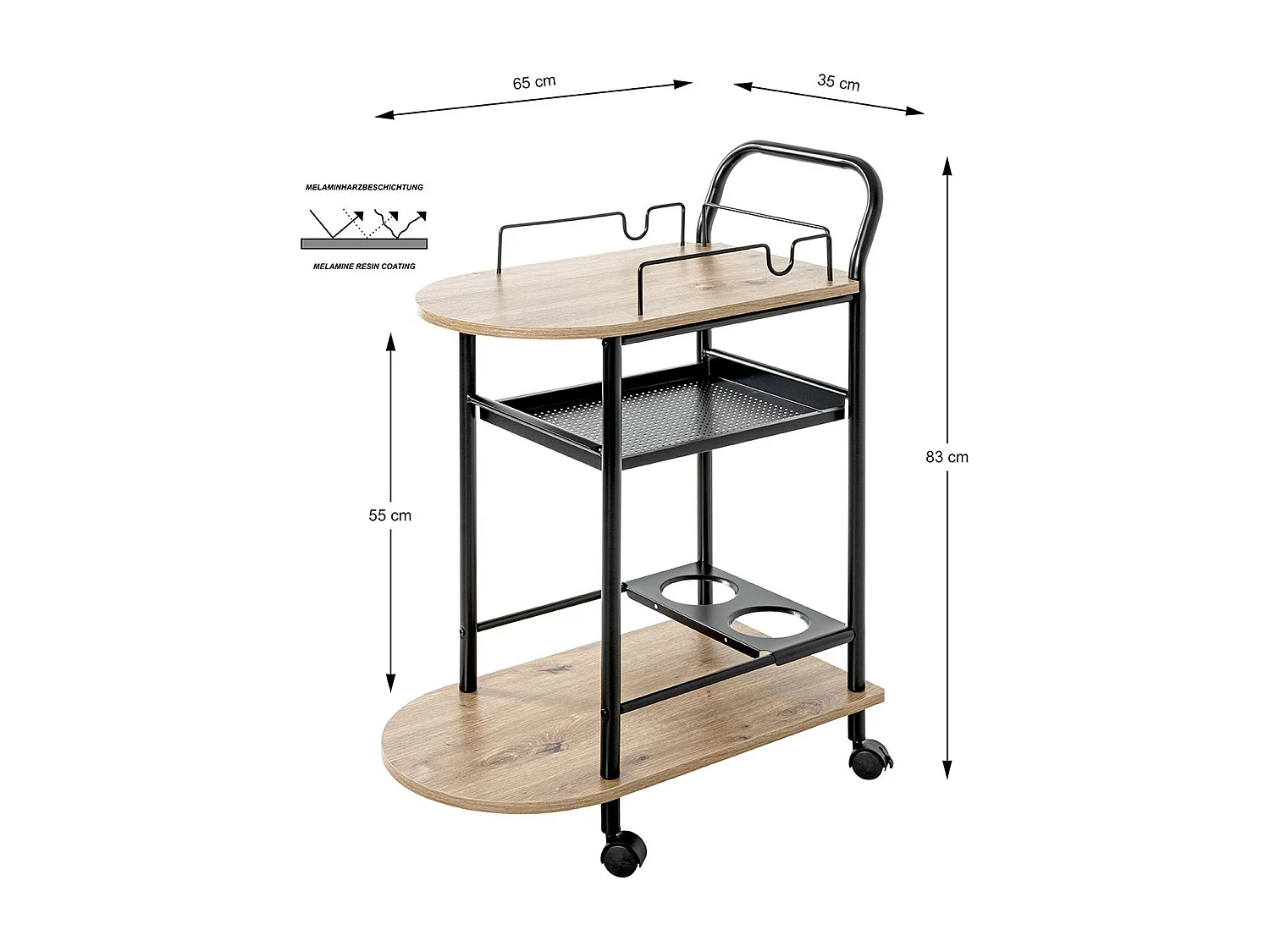 Chariot de cuisine, desserte en métal coloris noir et bois coloris chêne  -longueur 65 x profondeur 35 x hauteur 83 cm