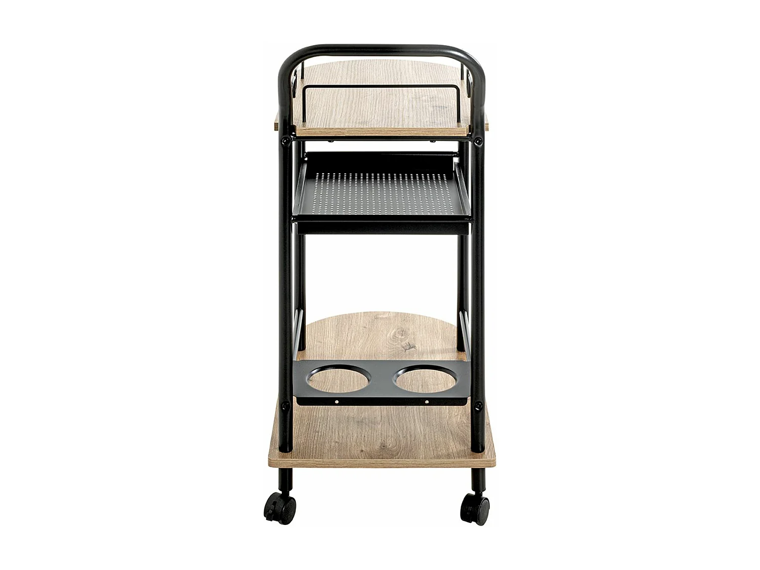 Chariot de cuisine, desserte en métal coloris noir et bois coloris chêne  -longueur 65 x profondeur 35 x hauteur 83 cm