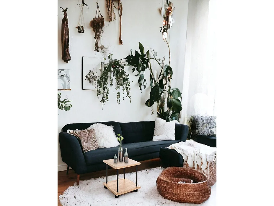 Chariot de service, desserte en bois chêne et métal noir -longueur 40 x profondeur 40 x hauteur 45 cm