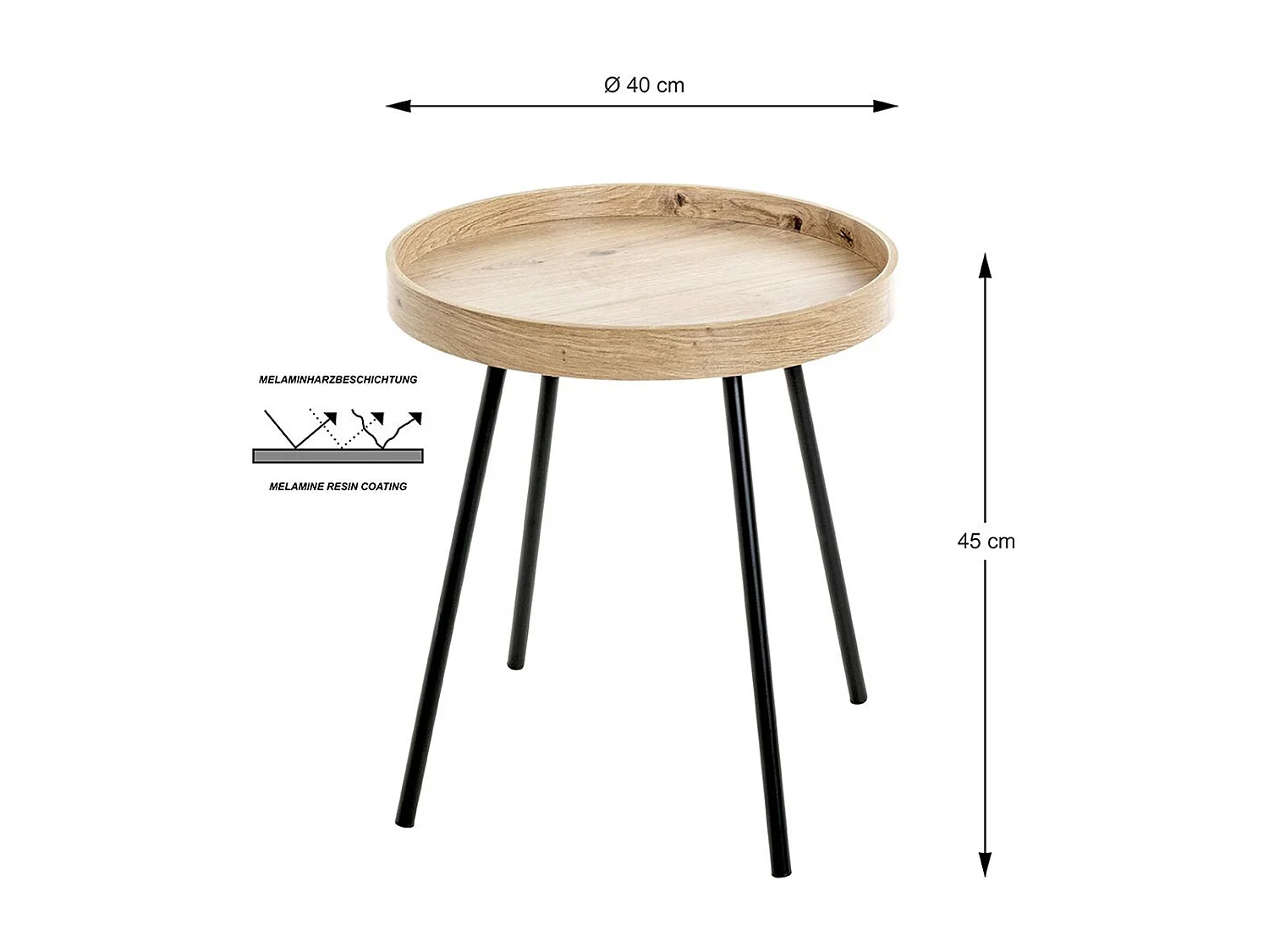 Table d'appoint, Table de salon en bois coloris chêne et métal noir - Diamètre 40 x hauteur 45 cm
