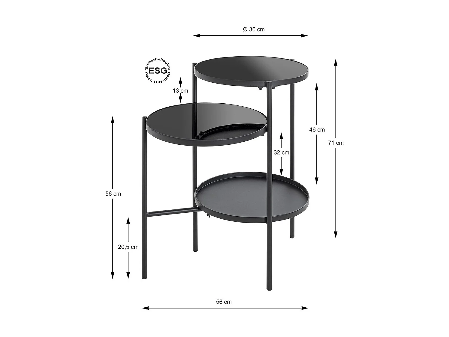 Table d'appoint, Table de salon en métal coloris noir et verre trempé - longueur 56 x profondeur 39 x hauteur 71 cm