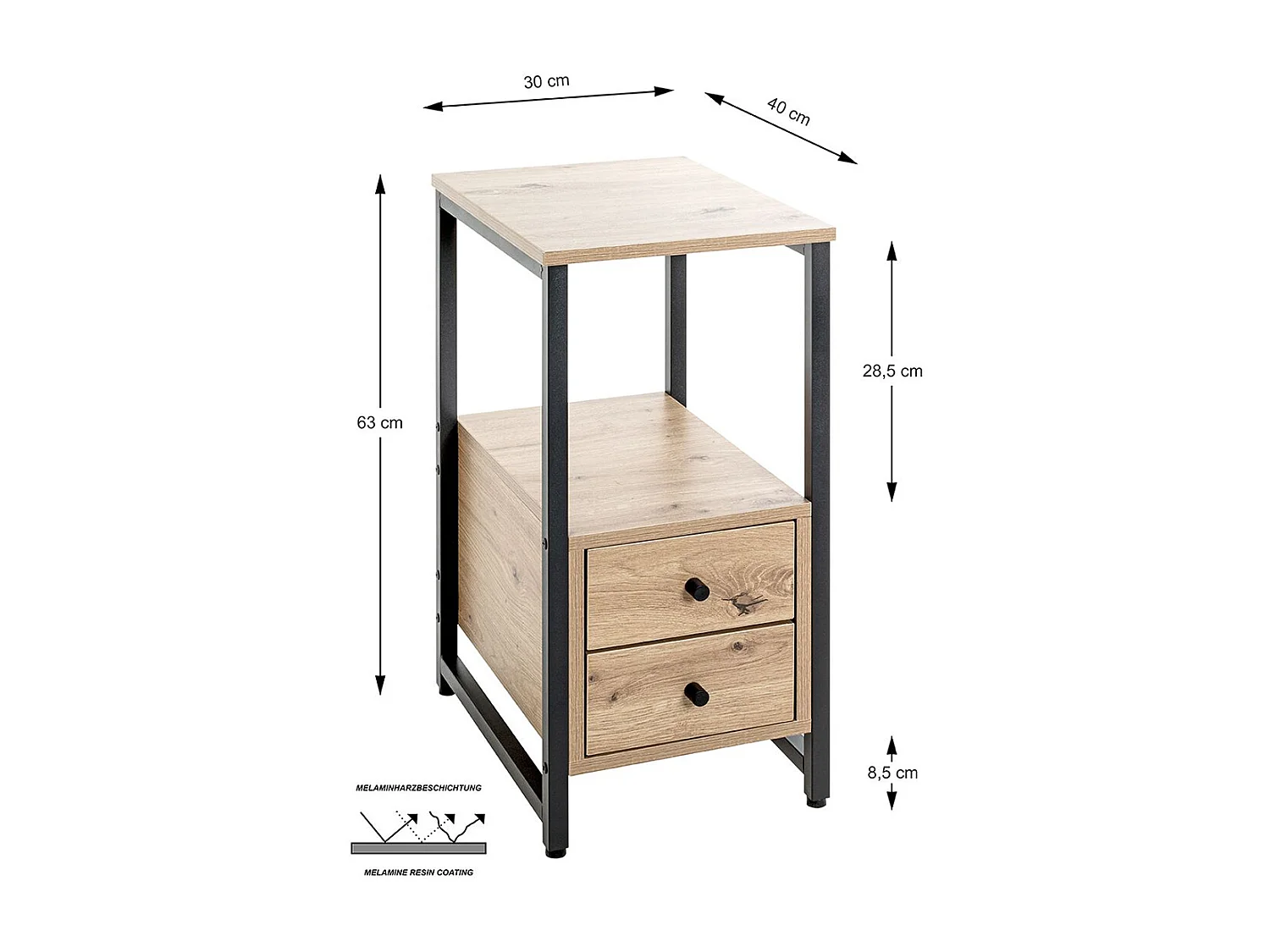 Table d'appoint, table de salon en bois coloris chêne et métal noir -longueur 30 x profondeur 40 x hauteur 63 cm