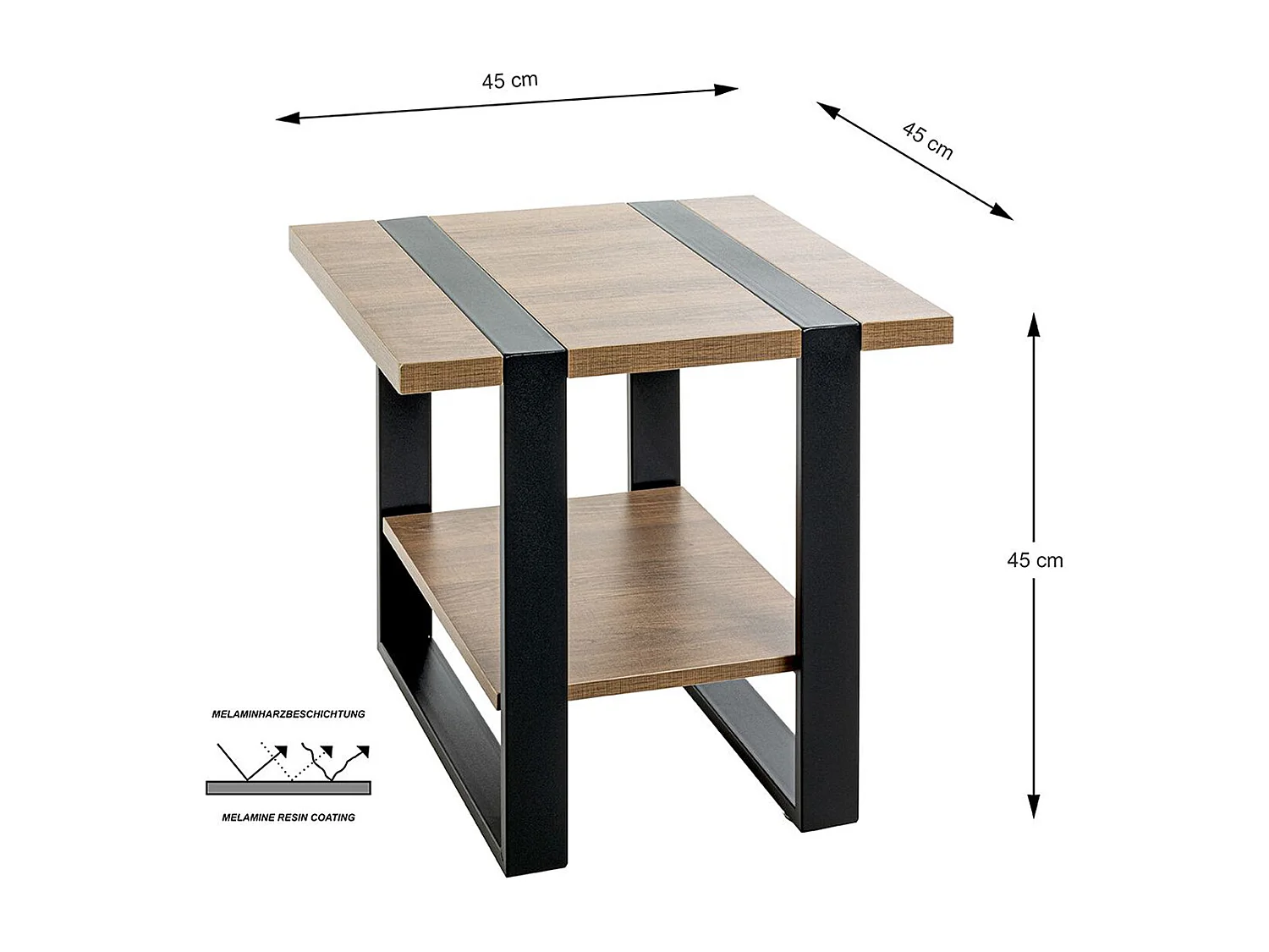 Table d'appoint, Table de salon en bois coloris chêne et métal noir  -longueur 45 x profondeur 45 x hauteur 45 cm