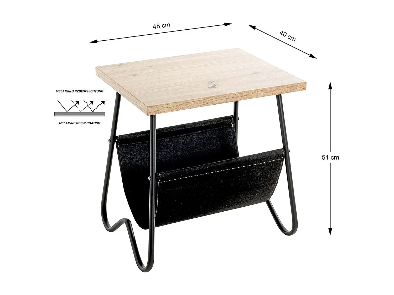 Table d'appoint, Table de salon en bois coloris chêne et métal noir  - longueur 48 x profondeur 40 x hauteur 51 cm
