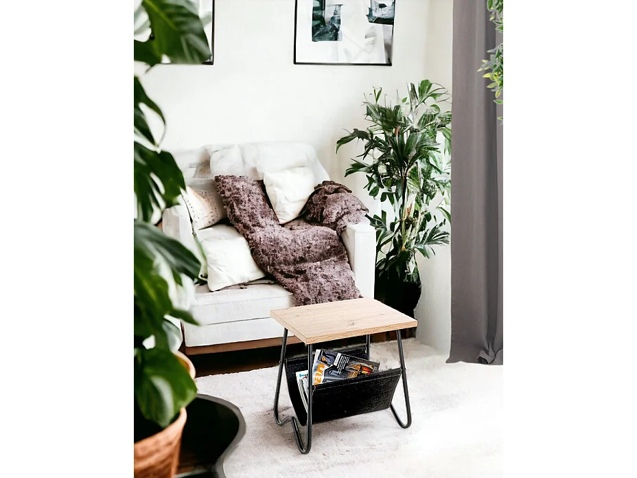 Table d'appoint, Table de salon en bois coloris chêne et métal noir  - longueur 48 x profondeur 40 x hauteur 51 cm