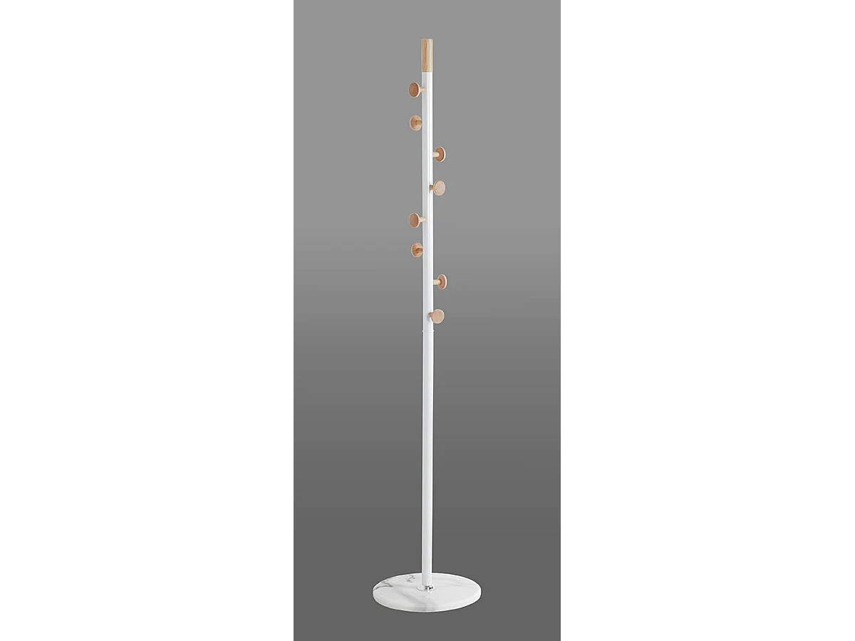 Porte-manteau en acier coloris blanc et bois coloris naturel, pieds en marbre coloris blanc - diamètre 35 x hauteur 178 cm