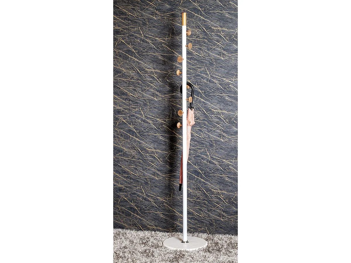 Porte-manteau en acier coloris blanc et bois coloris naturel, pieds en marbre coloris blanc - diamètre 35 x hauteur 178 cm
