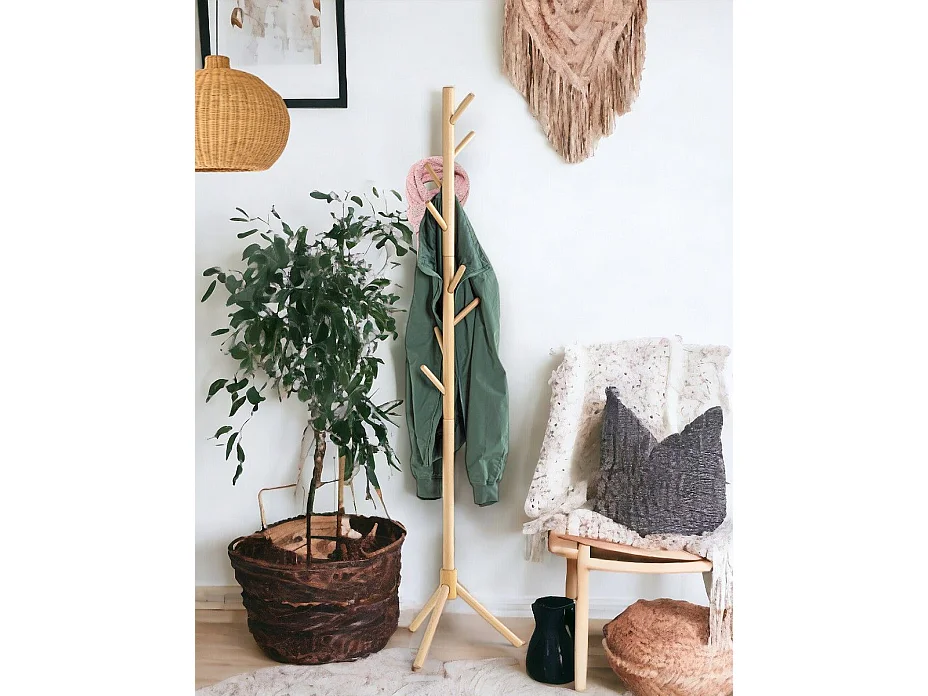Porte-manteau avec 8 crochets en bois massif coloris naturel - diamètre 43 x hauteur 174 cm